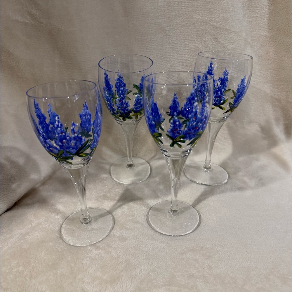SET OF 4 HAND PAINTED WINE GLASSES W/BLUE FLOWERS